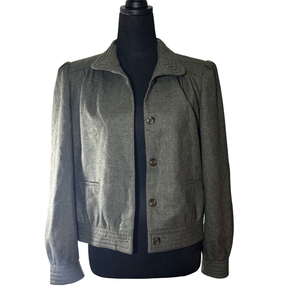 Olive Green Vintage Wool‎ Blend Jacket Size 6 Short Coat Button Down Vintage